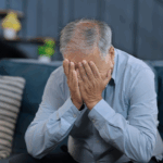 An older man sits on a couch with his elbows on his knees, covering his face with both hands, suggesting the symptoms of prolonged grief.
