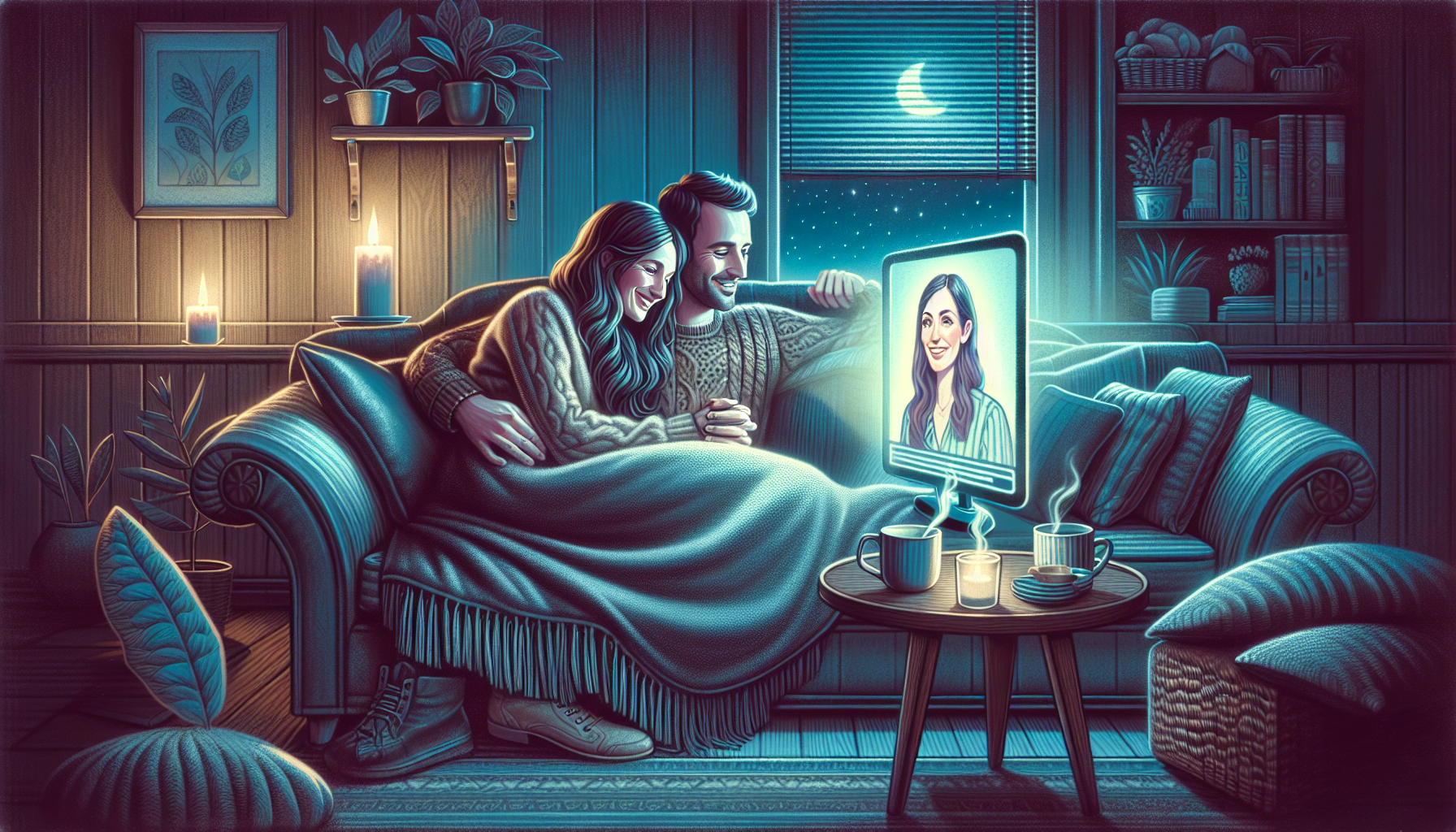 Illustration of a couple having a video session with a therapist