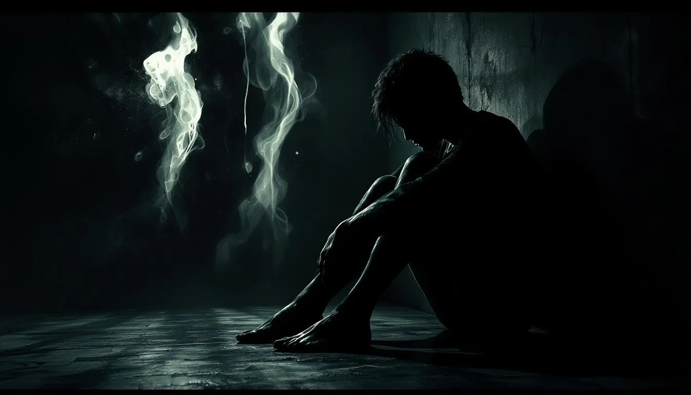 A visual representation of behavioral indicators of unresolved trauma, featuring a person engaging in avoidance behaviors.