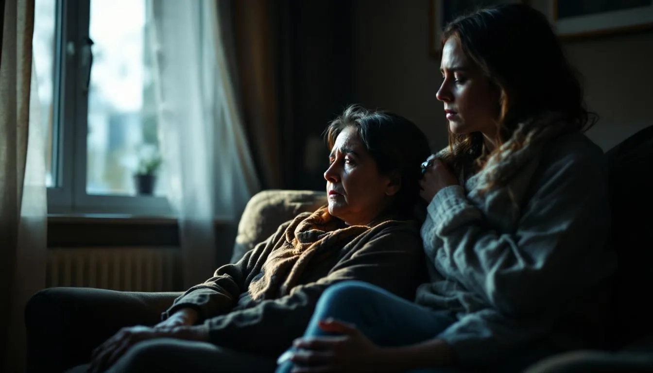 A family supporting each other during the grieving process, emphasizing the role of support systems.