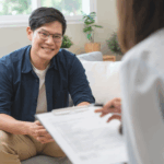 A man sits on a couch smiling while talking to a psychiatrist holding a clipboard during a consultation in a bright room, highlighting the importance of seeking help for mental health.
