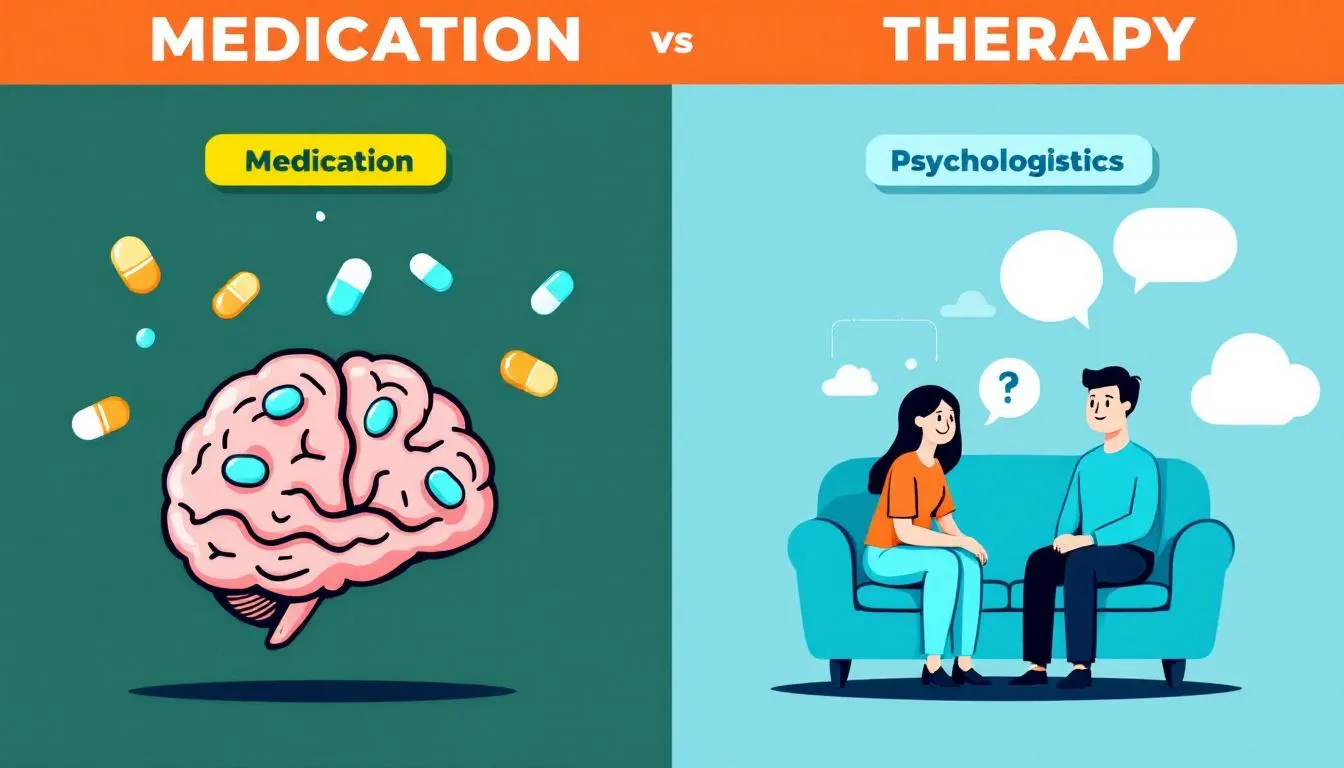 An image contrasting medication and therapy in mental health treatment.