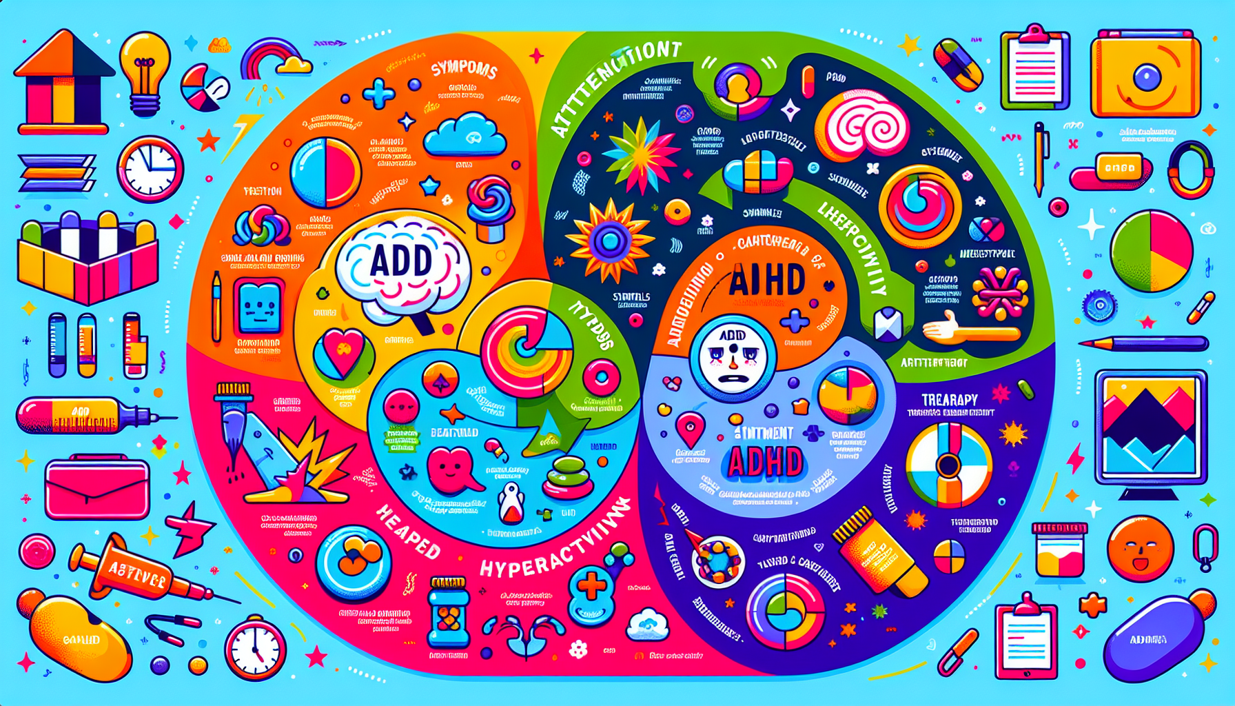 An illustration depicting key differences between ADD and ADHD, including treatment options.