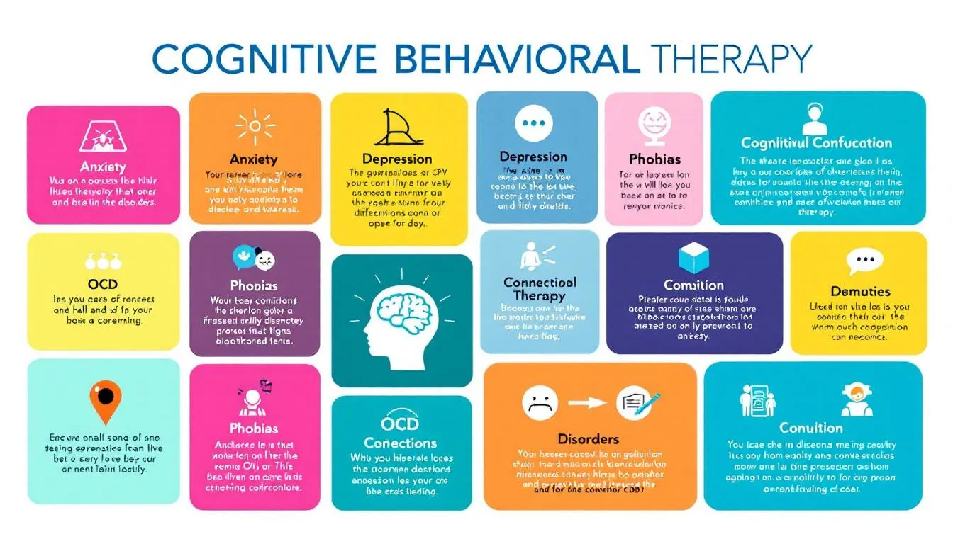 A chart depicting various conditions treated by cognitive behavioral therapy (CBT).