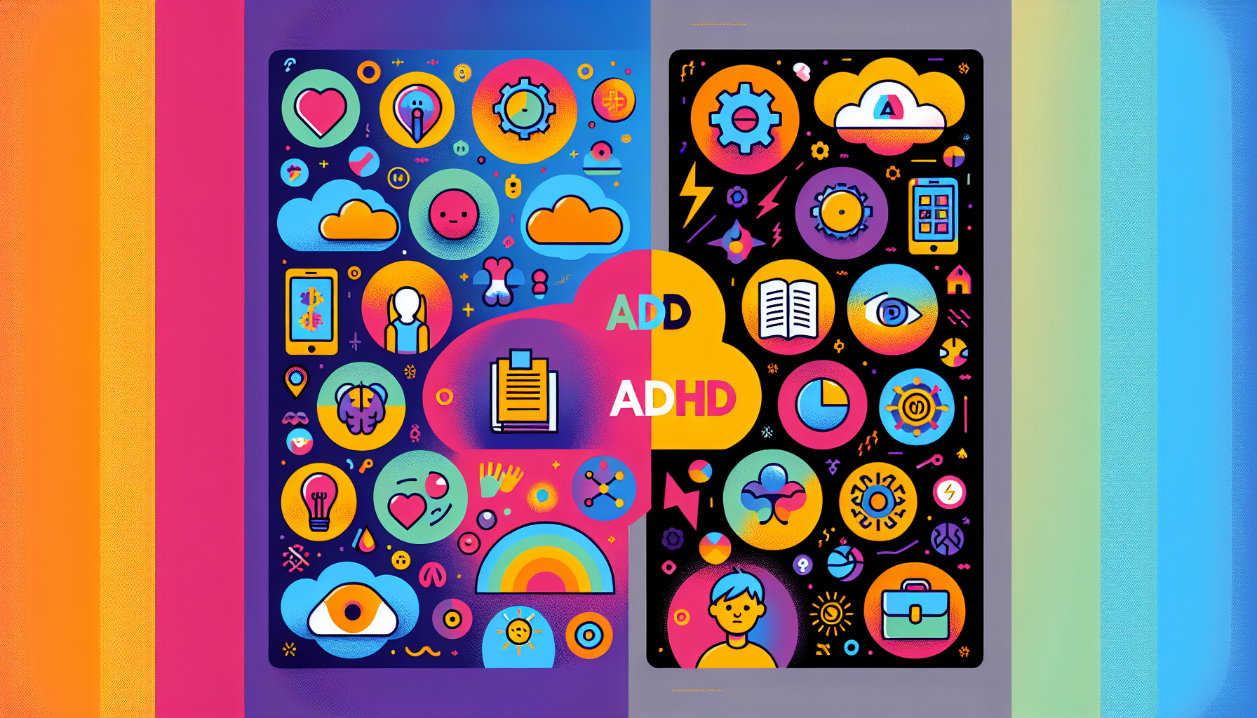 An illustration comparing ADD and ADHD, highlighting their characteristics.