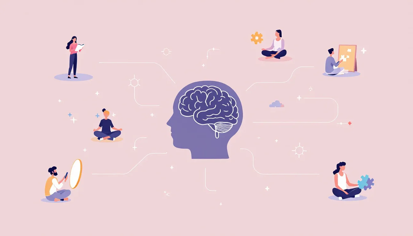 An illustration representing the basics of psychology, showcasing various aspects of human behavior and mental processes.