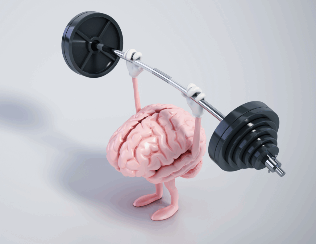 A cartoon brain with arms and legs is lifting a heavy barbell with both hands against a plain background, exploring the strength gained from cognitive learning theories.