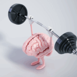 A cartoon brain with arms and legs is lifting a heavy barbell with both hands against a plain background, exploring the strength gained from cognitive learning theories.