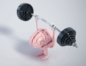 A cartoon brain with arms and legs is lifting a heavy barbell with both hands against a plain background, exploring the strength gained from cognitive learning theories.