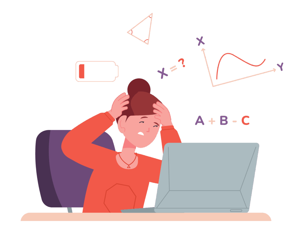 A person sitting at a desk looks stressed while using a laptop, with mathematical symbols, a low battery icon, and trauma test results displayed around them.