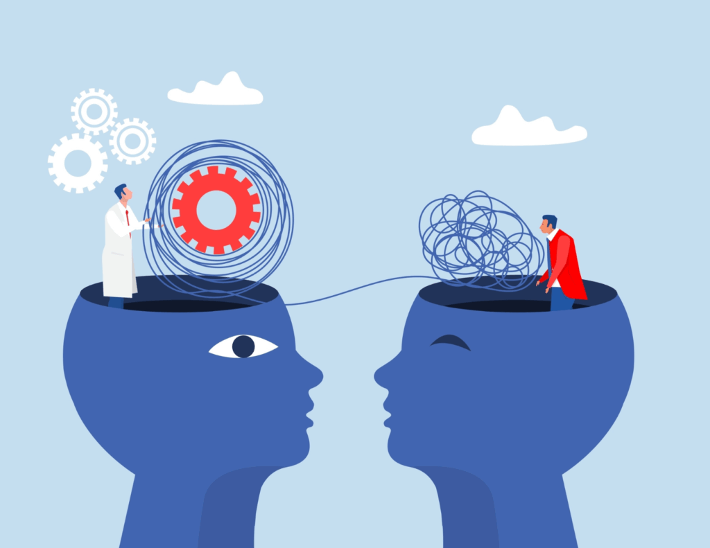 Illustration of one person untangling a chaotic thought from another's head and turning it into an organized gear system, symbolizing how understanding psychology can help solve problems in everyday life.