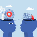 Illustration of one person untangling a chaotic thought from another's head and turning it into an organized gear system, symbolizing how understanding psychology can help solve problems in everyday life.
