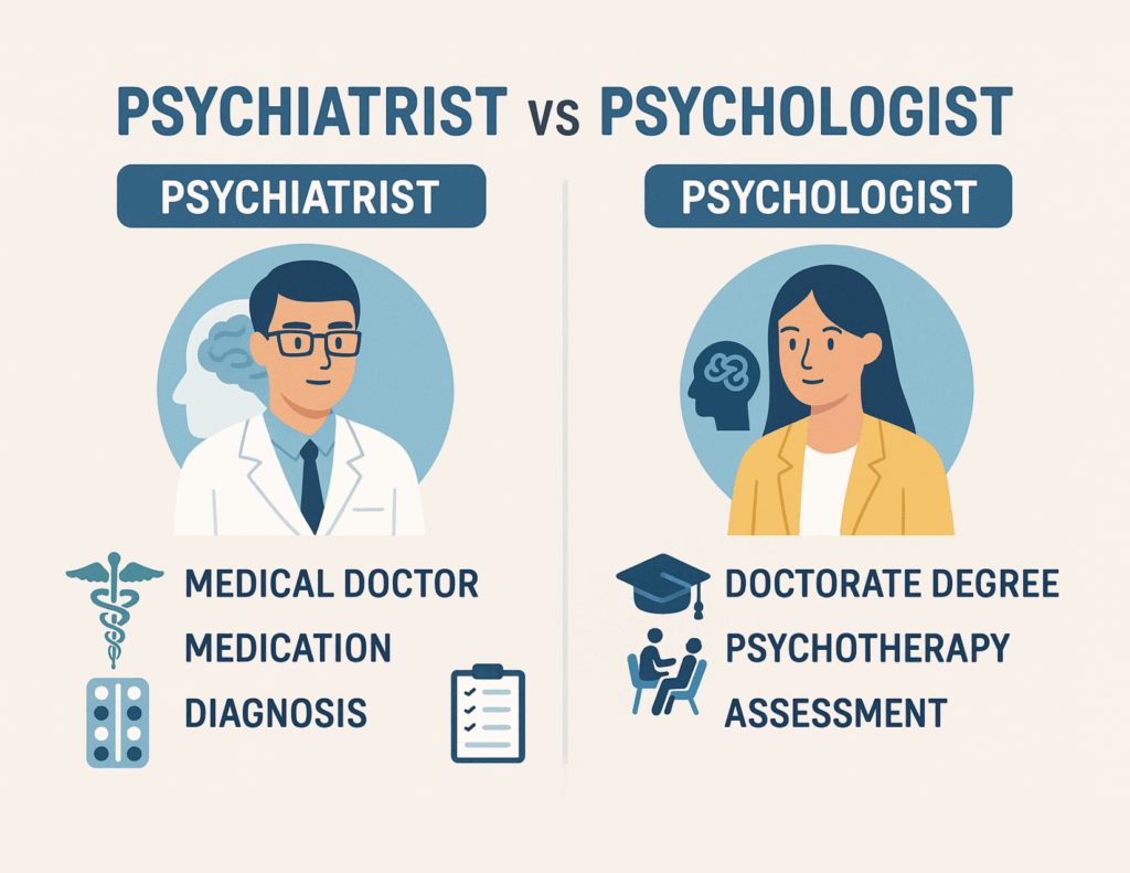 Infographic comparing psychiatrist vs psychologist, showing a male mental health professional with medical symbols and a female psychologist with therapy icons, plus text to help you choose the right expert for your needs.