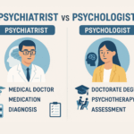 Infographic comparing psychiatrist vs psychologist, showing a male mental health professional with medical symbols and a female psychologist with therapy icons, plus text to help you choose the right expert for your needs.