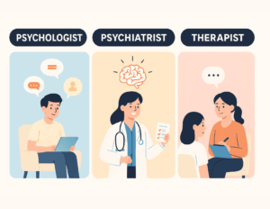 Illustration comparing a psychiatrist, psychologist, and therapist, each shown interacting with a patient in unique settings. Clear labels above each professional highlight their distinct roles and approaches to mental health care.