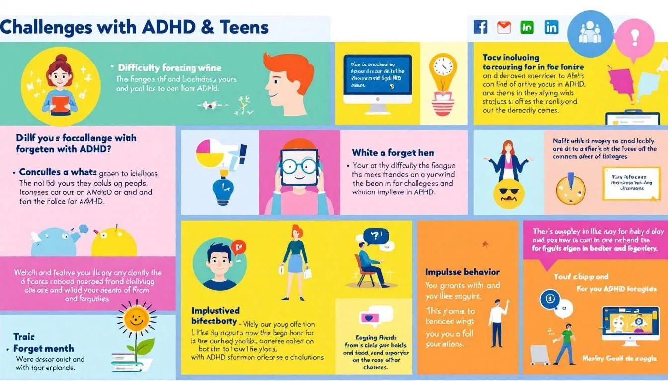 An infographic illustrating the challenges faced by adults and teens with ADHD.