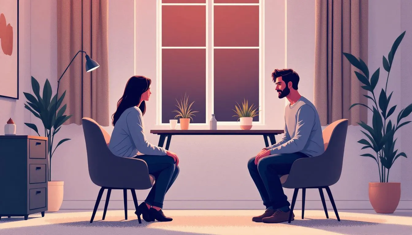 An illustration depicting a couple in a counseling session, discussing manipulative behavior in their relationship.