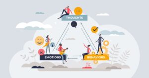 Illustration of interconnected cycle between thoughts, emotions, and behaviors—each represented by people and icons—demonstrating their influence in the context of Cognitive Behavioral Therapy (CBT).