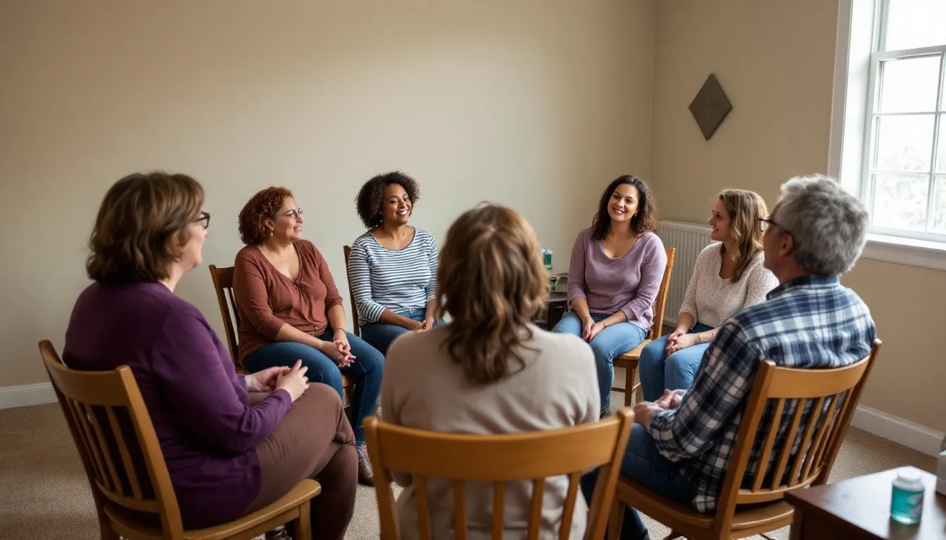 The image depicts a support group meeting, where a diverse group of individuals is sitting in a circle, actively engaging and providing support to one another. This setting highlights the importance of community and understanding for those dealing with challenges such as attention deficit hyperactivity disorder (ADHD) and other mental health conditions.