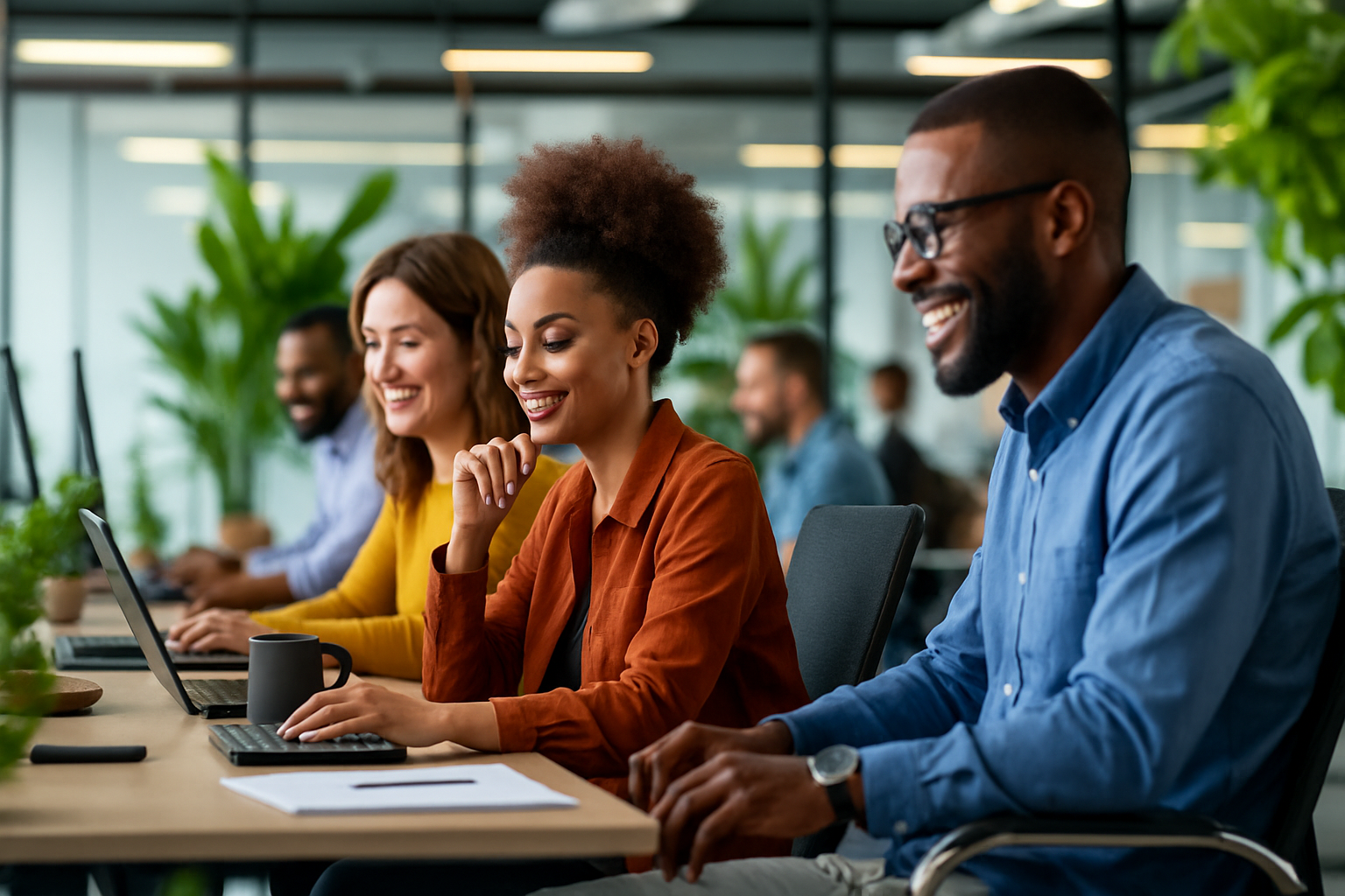 The image depicts a diverse group of individuals in a professional office environment, with some using adaptive workstations and assistive technology to enhance their productivity. This setting highlights the importance of workplace accommodations for people with disabilities, including those with attention deficit hyperactivity disorder (ADHD) and other learning disabilities.