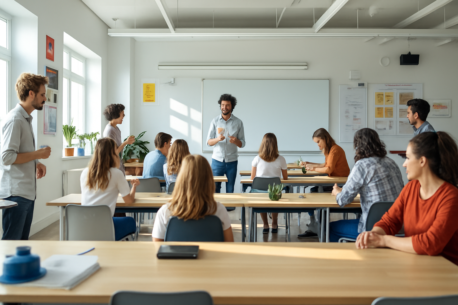 The image depicts a vibrant classroom filled with students utilizing various learning accommodations, such as noise-canceling headphones, standing desks, and fidget tools, to support their engagement and focus, particularly for those with attention deficit hyperactivity disorder (ADHD) and other learning disabilities. This scene highlights the importance of reasonable accommodations in educational settings to aid students with ADHD symptoms and enhance their ability to participate in major life activities.