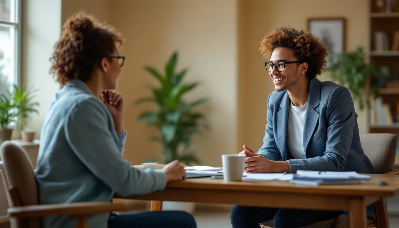 The image depicts a person engaged in a discussion with a counselor in a cozy office, surrounded by documents and paperwork on the desk, highlighting the importance of support for individuals with disabilities such as attention deficit hyperactivity disorder (ADHD). This meeting emphasizes the role of mental health professionals in addressing ADHD symptoms and navigating disability benefits.