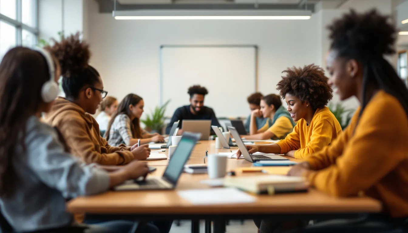 A diverse group of students is gathered in a library, some focused on their laptops while others read books, showcasing a variety of learning tools and accommodations that support individuals with learning disabilities like attention deficit hyperactivity disorder (ADHD). The scene reflects an inclusive educational environment aimed at addressing the needs of students with different abilities and challenges.
