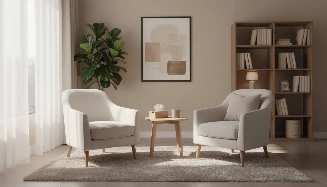 The image depicts a cozy therapy office in San Francisco, featuring two chairs facing each other under soft natural lighting, creating an inviting space for individuals or couples therapy sessions. This environment is designed to foster open communication and support for those navigating life transitions, intimacy issues, or exploring relationship dynamics.