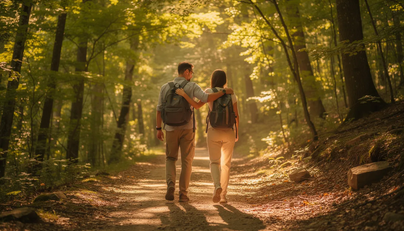 A married couple is walking together on a tree-lined hiking trail, seen from behind, symbolizing the journey of married life. Their posture suggests a sense of distance, which may reflect the early signs of a dying marriage, where one or both partners feel disconnected and may benefit from marriage counseling to address their relationship struggles.
