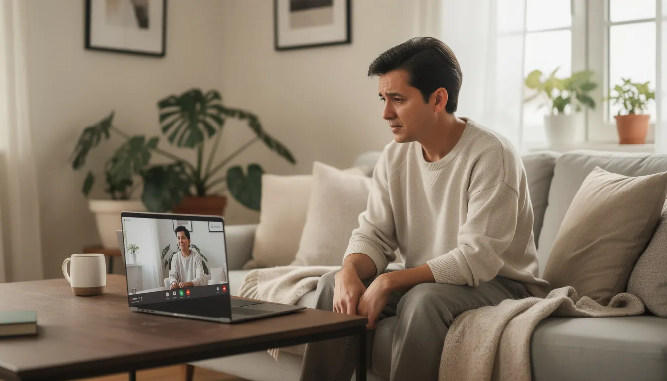 The image depicts a person engaged in a video therapy call from a cozy home environment, highlighting the therapeutic process of EMDR therapy. This setting emphasizes the comfort and accessibility of trauma-informed care, allowing individuals to address emotional distress and traumatic memories in a supportive atmosphere.