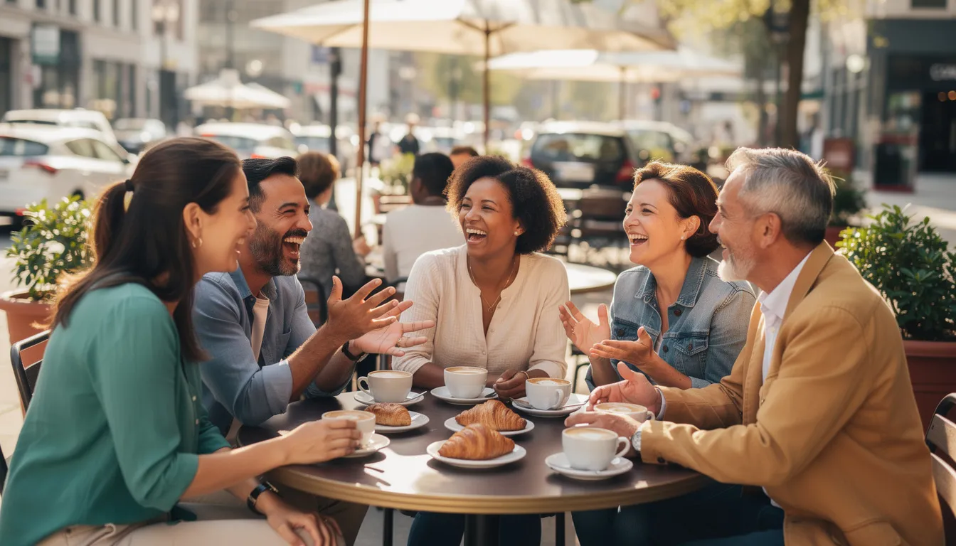 A diverse group of adults is gathered at an outdoor cafe in San Francisco, sharing laughter and engaging in lively conversation. This scene reflects the warmth of community and the importance of connection in navigating life transitions and relationship dynamics.