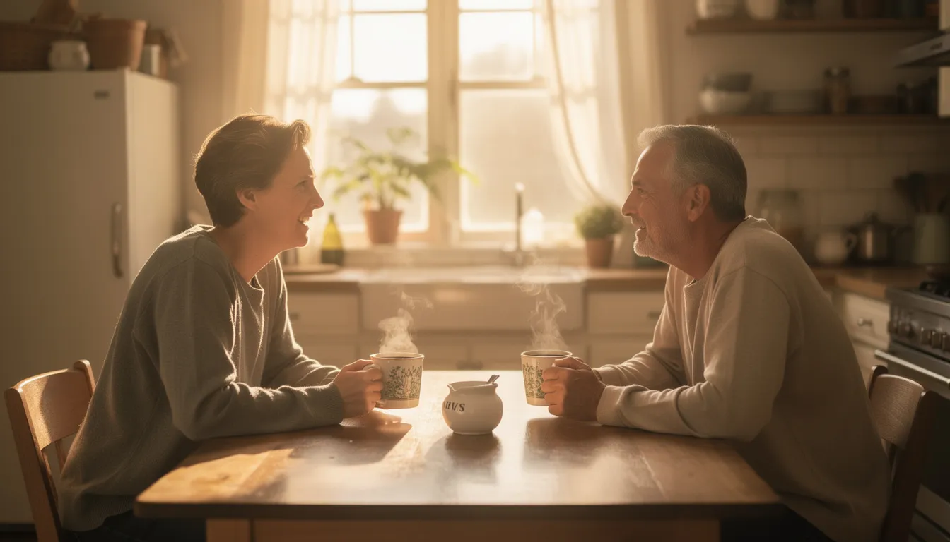 The image depicts a married couple sitting together at a kitchen table, engaged in conversation over coffee as morning light filters through the window. Their interaction may reflect the early signs of a dying marriage, where one partner feels the weight of unresolved issues and the need for quality time and communication to navigate their relationship.
