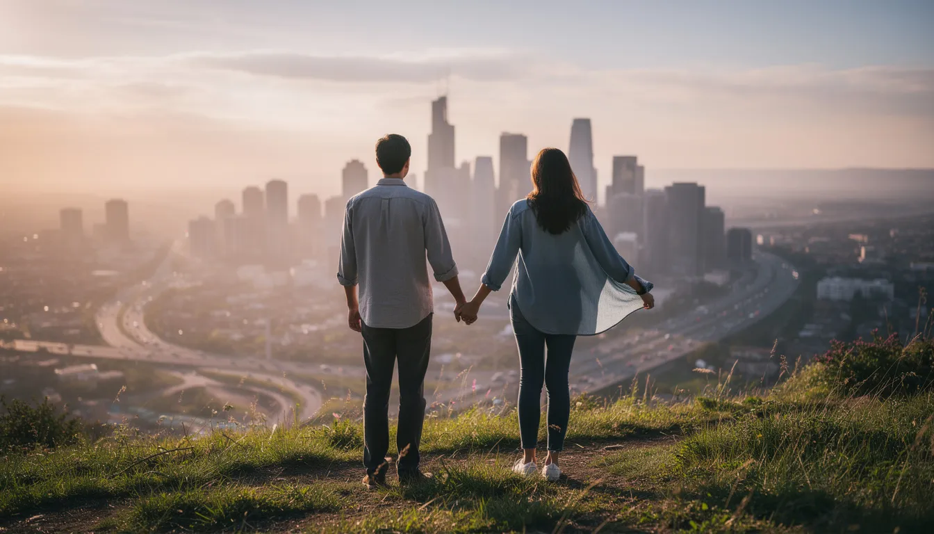A couple stands hand in hand on a hillside, gazing at a sprawling city view, symbolizing connection and emotional understanding. This serene moment reflects the importance of supportive spaces in couples therapy, where partners can explore their relationship and navigate mental health challenges together.