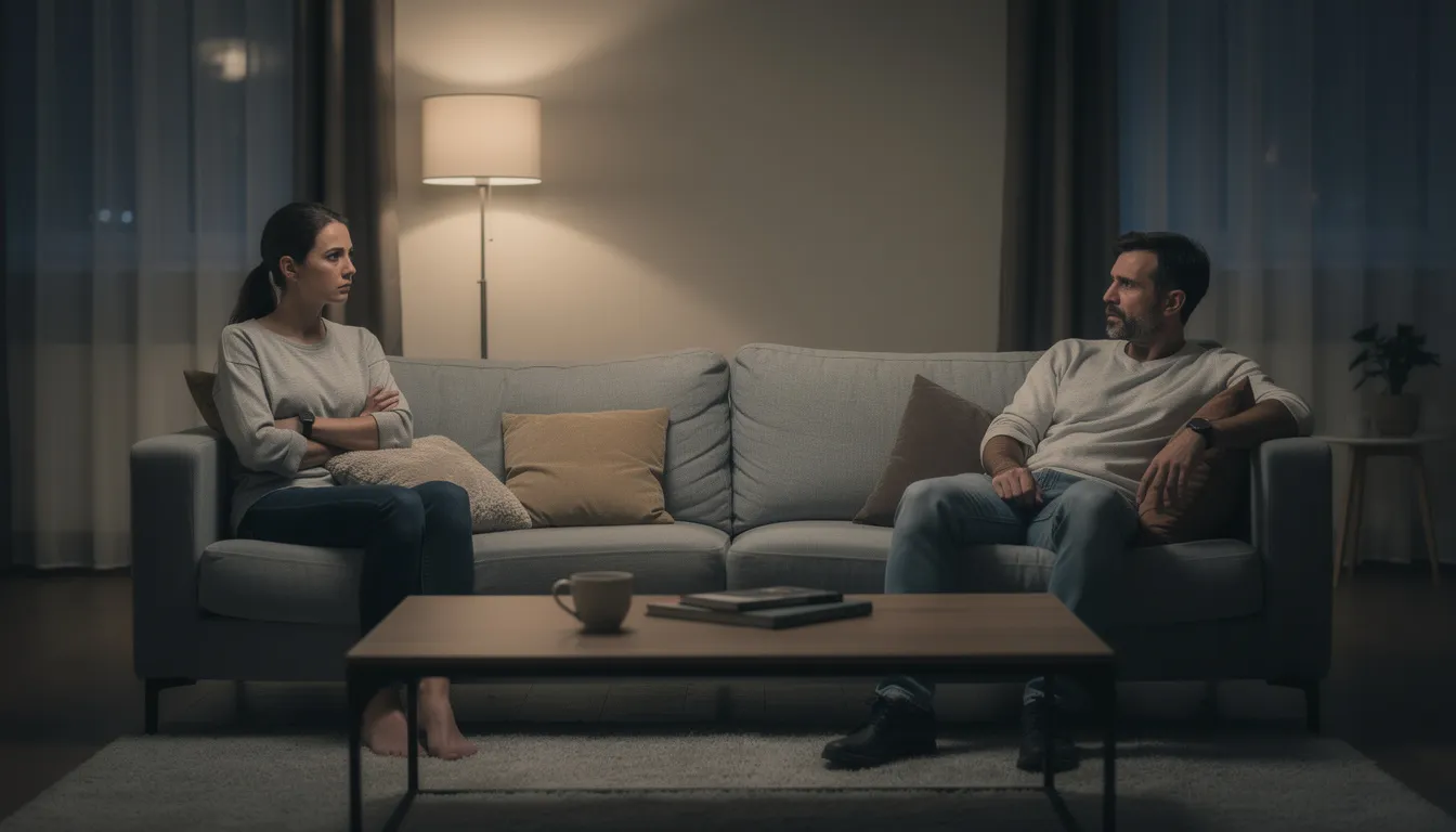 A married couple sits on opposite ends of a couch in a dimly lit living room, both looking away from each other, symbolizing the emotional distance often seen in the early signs of a dying marriage. This scene reflects a lack of physical intimacy and communication, which can lead to feelings of unhappiness and conflict in their relationship.