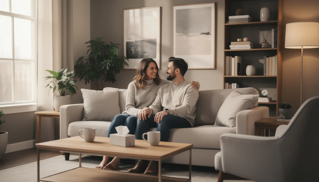 A couple is sitting comfortably on a couch in a warm, modern counseling office, engaging in a premarital counseling session with a licensed marriage and family therapist. They appear relaxed and open, discussing important topics to strengthen their relationship and prepare for their upcoming marriage.
