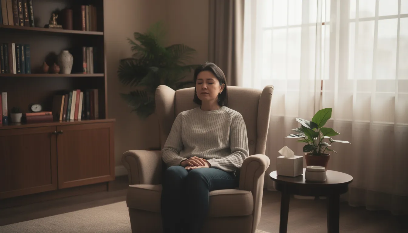 A person sits peacefully in a comfortable therapy office, surrounded by soft lighting that creates a calming atmosphere conducive to healing. This serene environment is ideal for EMDR therapy, where clients can work through traumatic memories and emotional distress with the support of a trauma-informed therapist.