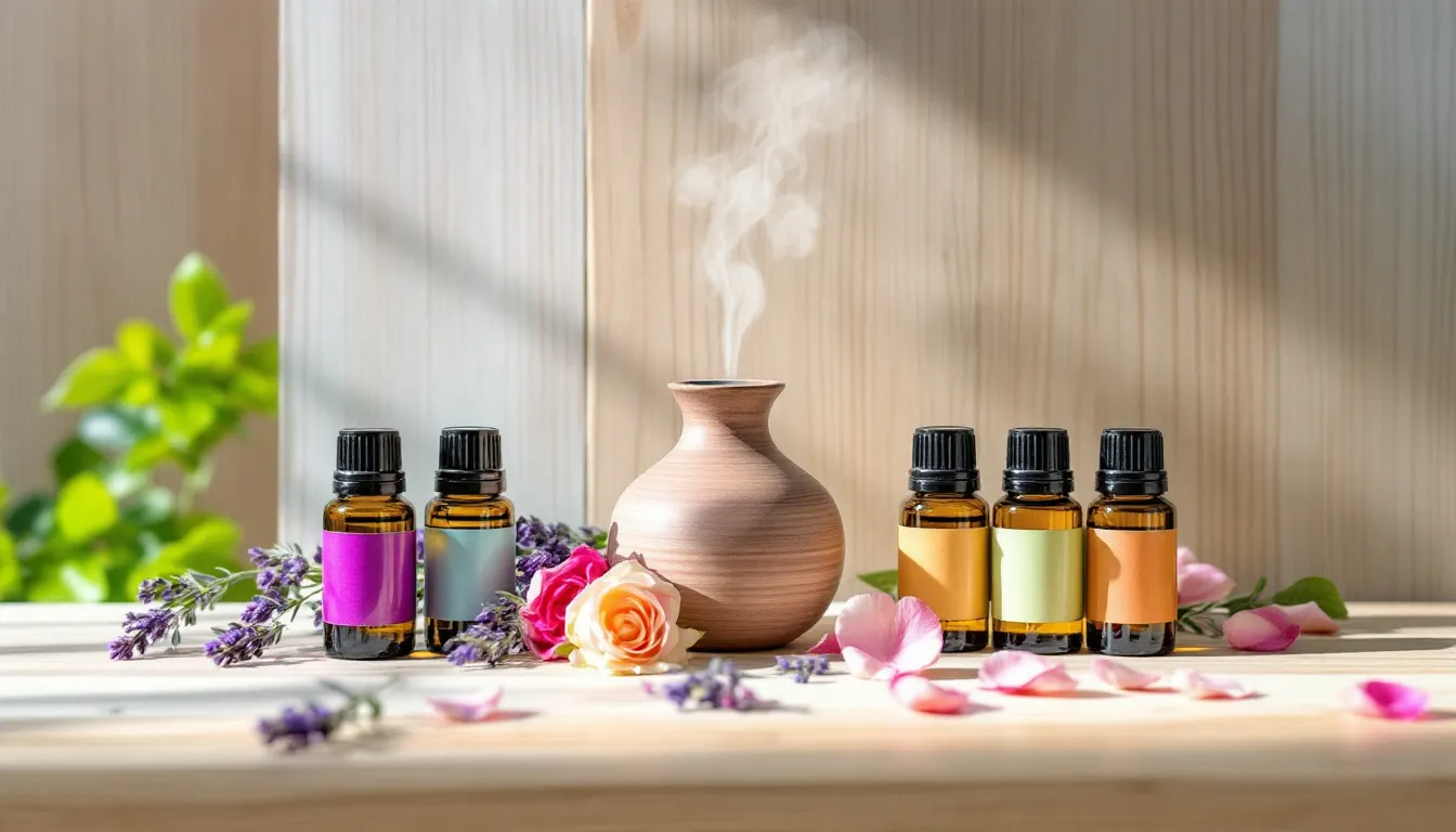 The image features several essential oil bottles and a diffuser elegantly arranged with fresh lavender sprigs and delicate rose petals, suggesting a serene atmosphere ideal for promoting relaxation and alleviating anxiety symptoms. This natural setup highlights the use of herbal remedies and essential oils as part of a holistic approach to mental health and stress management.