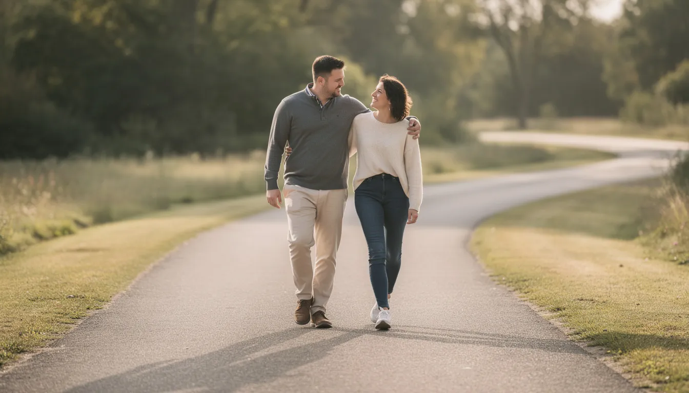 A couple is walking together on a scenic outdoor path, symbolizing their partnership and commitment as they prepare for their upcoming marriage. This moment reflects the importance of communication skills and conflict resolution skills often discussed in premarital counseling sessions to build a solid foundation for their future together.