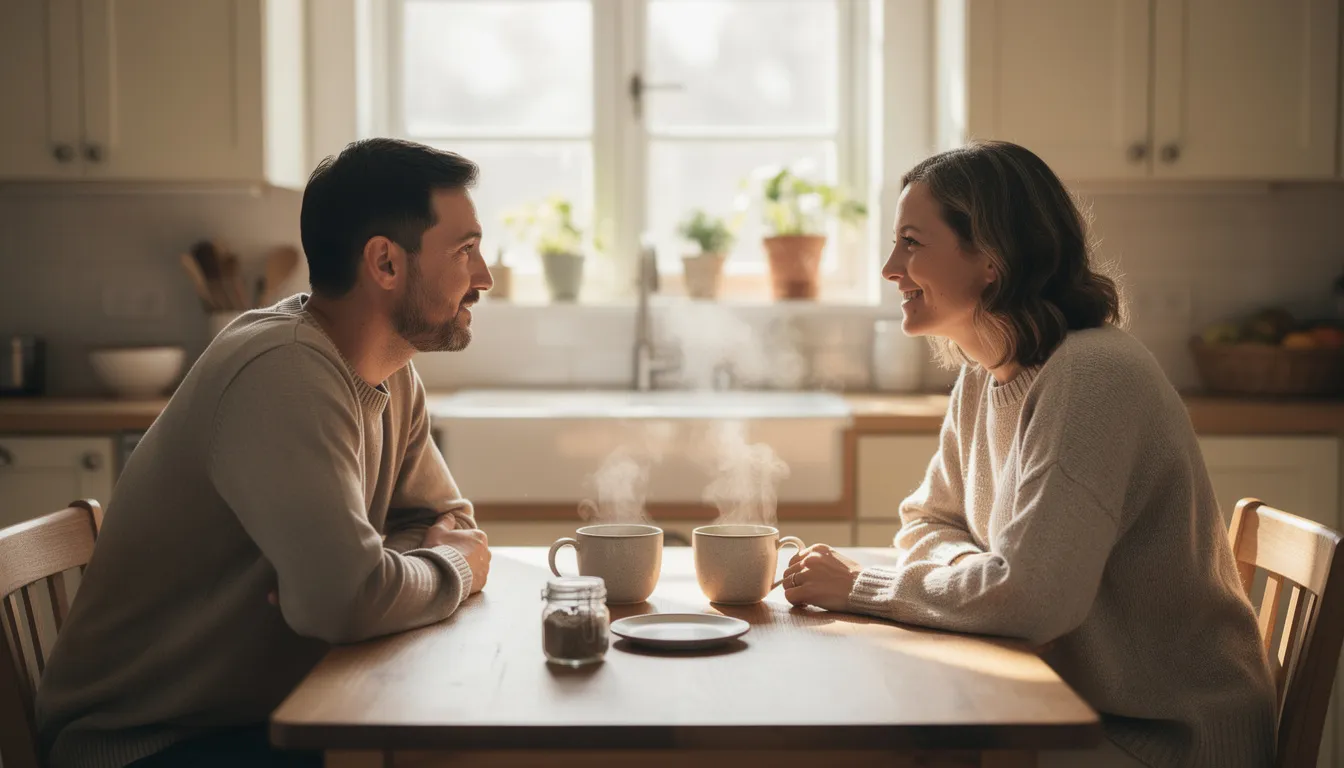 A couple is calmly discussing their financial situation at a kitchen table, each holding a coffee cup, as they navigate important issues like credit card debt and financial goals in their marriage. This scene reflects the importance of open communication about money problems and building trust in a relationship.
