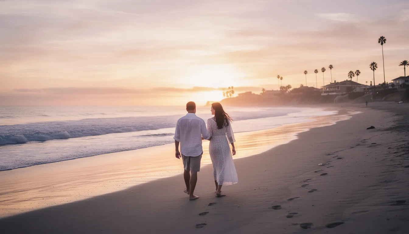 A couple walks hand in hand along a Southern California beach at sunset, creating a moment of connection and emotional understanding. The serene atmosphere highlights their journey together, reminiscent of the supportive space found in couples therapy, where they can explore relationship issues and rebuild trust.