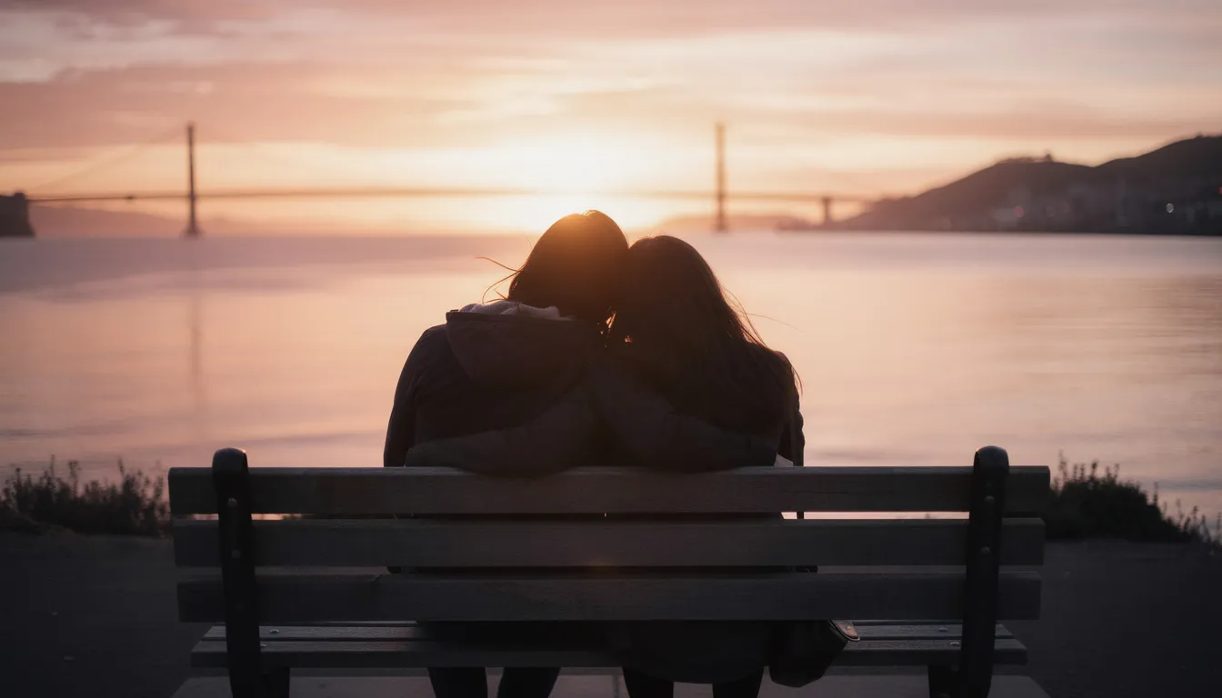 The image depicts two people sitting closely together on a bench, enjoying the serene view of the San Francisco Bay at sunset, with warm hues illuminating the sky. This scene reflects themes of connection and intimacy, often explored in couples therapy and individual therapy as they navigate life transitions and emotional well-being.