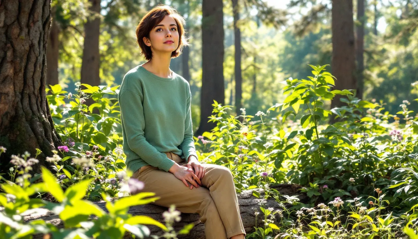 A person sits peacefully in a lush natural setting, surrounded by tall trees and vibrant plants, embodying a sense of calm that can help alleviate anxiety symptoms. This serene environment promotes relaxation and may serve as a natural remedy for managing anxiety and stress.