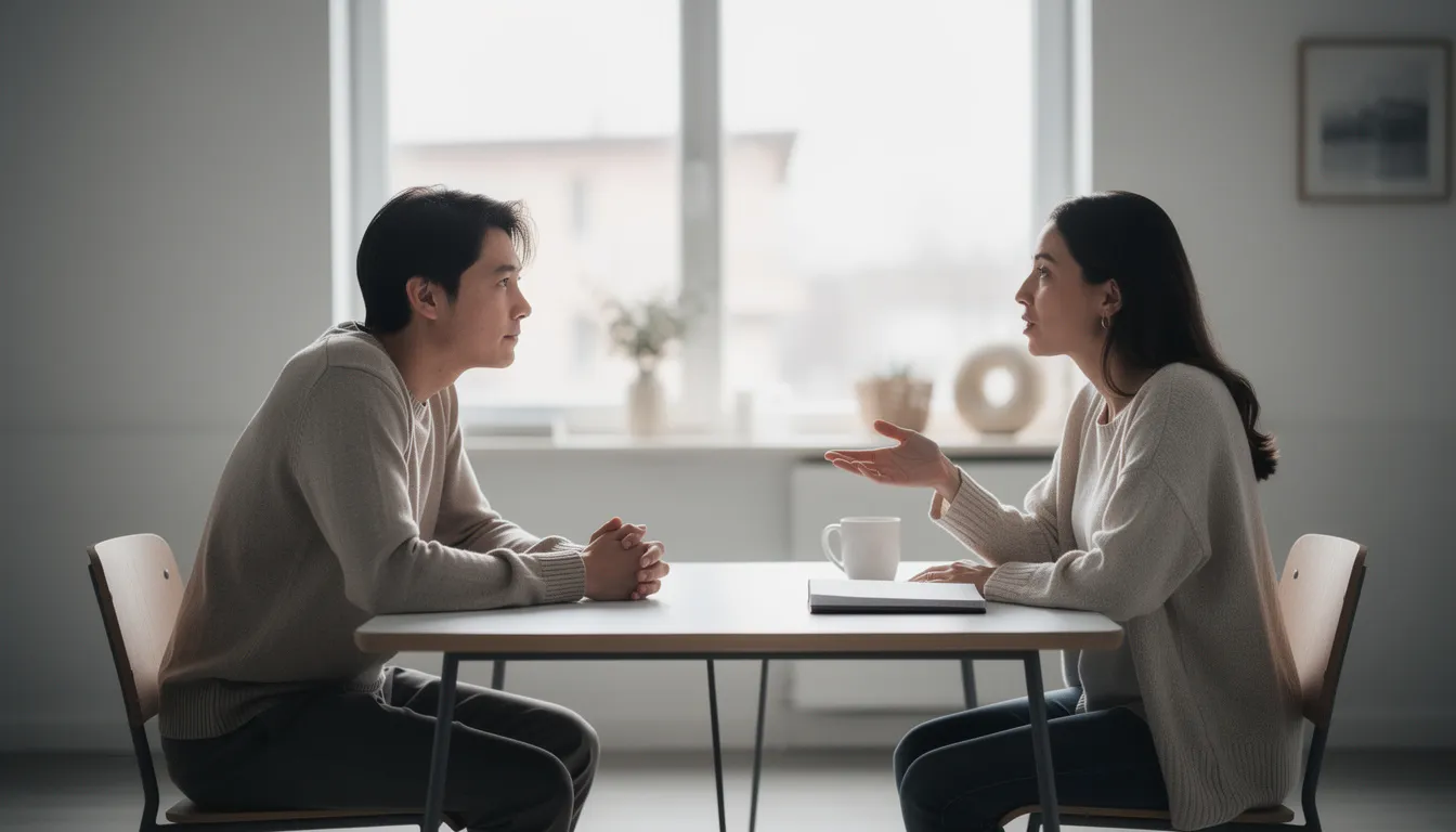 The image depicts two individuals engaged in a thoughtful conversation across a table in a calm, neutral setting, reflecting the essence of premarital counseling as they discuss important topics related to their upcoming marriage. This safe space allows them to enhance their communication skills and build a solid foundation for their relationship.