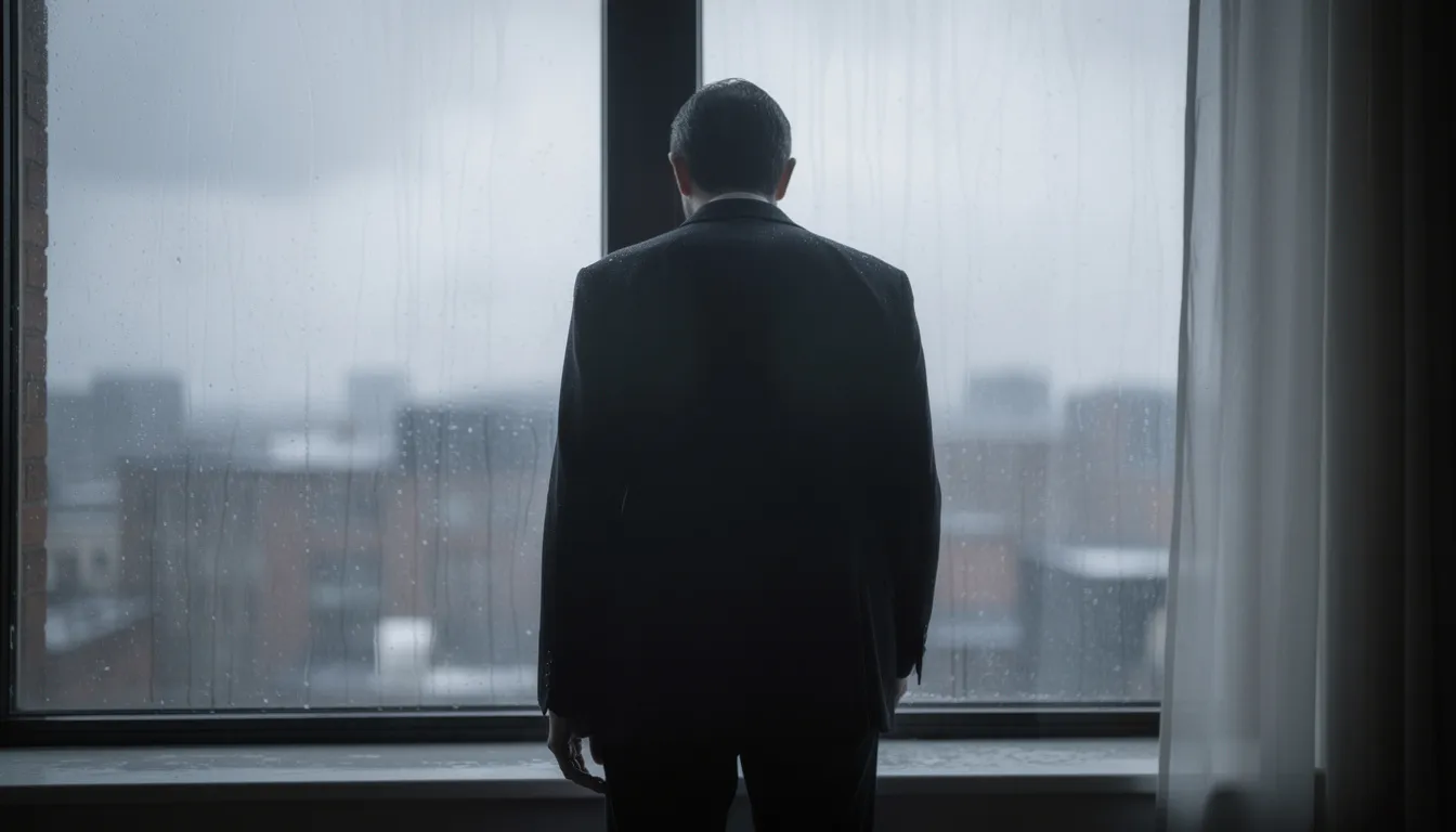 A solitary person stands by a window, gazing at the rain while their reflection subtly merges with the glass, symbolizing the feelings of isolation often experienced in the stages of a dying marriage. This poignant moment captures the struggle of one partner in a relationship, reflecting on the emotional distance and the desire for connection amid life's challenges.
