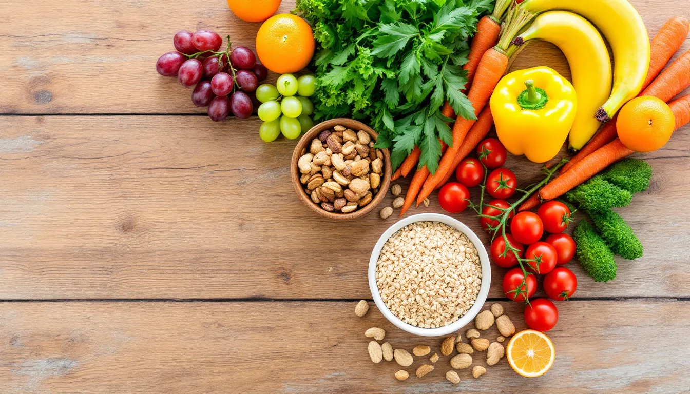 A vibrant assortment of fresh fruits, vegetables, nuts, and whole grains is beautifully arranged on a wooden table, showcasing a colorful display that promotes physical health and can help reduce anxiety symptoms. This natural array highlights the importance of dietary choices in managing mental health and alleviating anxious feelings.