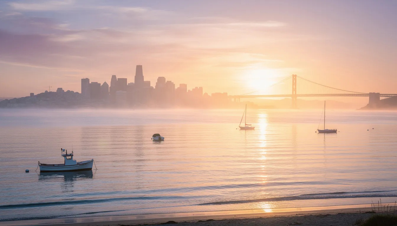 The image depicts a serene sunrise over the San Francisco Bay, symbolizing new beginnings and hope. This tranquil scene reflects the healing journey often associated with EMDR therapy and other trauma-informed approaches to mental health.