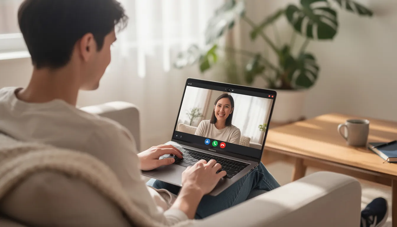 The image shows two people engaged in a calm video conversation on a laptop, set in a bright living room that creates a supportive space for connection. This scene reflects the essence of couples therapy, where individuals can explore their emotions and strengthen their relationship through communication and emotional understanding.
