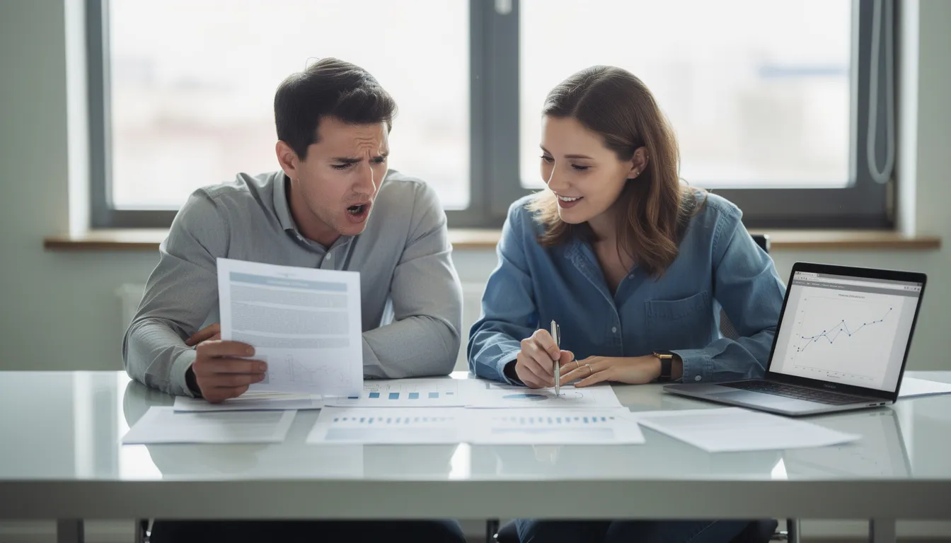 The image depicts two people sitting together, examining financial documents with contrasting expressions; one appears concerned while the other seems contemplative. This scene highlights the common financial disagreements that can arise in marriage, particularly regarding issues like credit card debt and the stress of managing joint accounts.