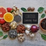 A variety of foods including citrus fruits, nuts, seeds, spinach, strawberry, garlic, onion, and dark chocolate surrounds a sign reading "CORTISOL Lowering foods," showcasing evidence-based natural remedies to help treat anxiety.