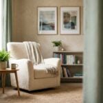 A cozy reading nook with a white armchair, a gray throw blanket, a side table with a plant and mug, bookshelves, and abstract art on the wall.